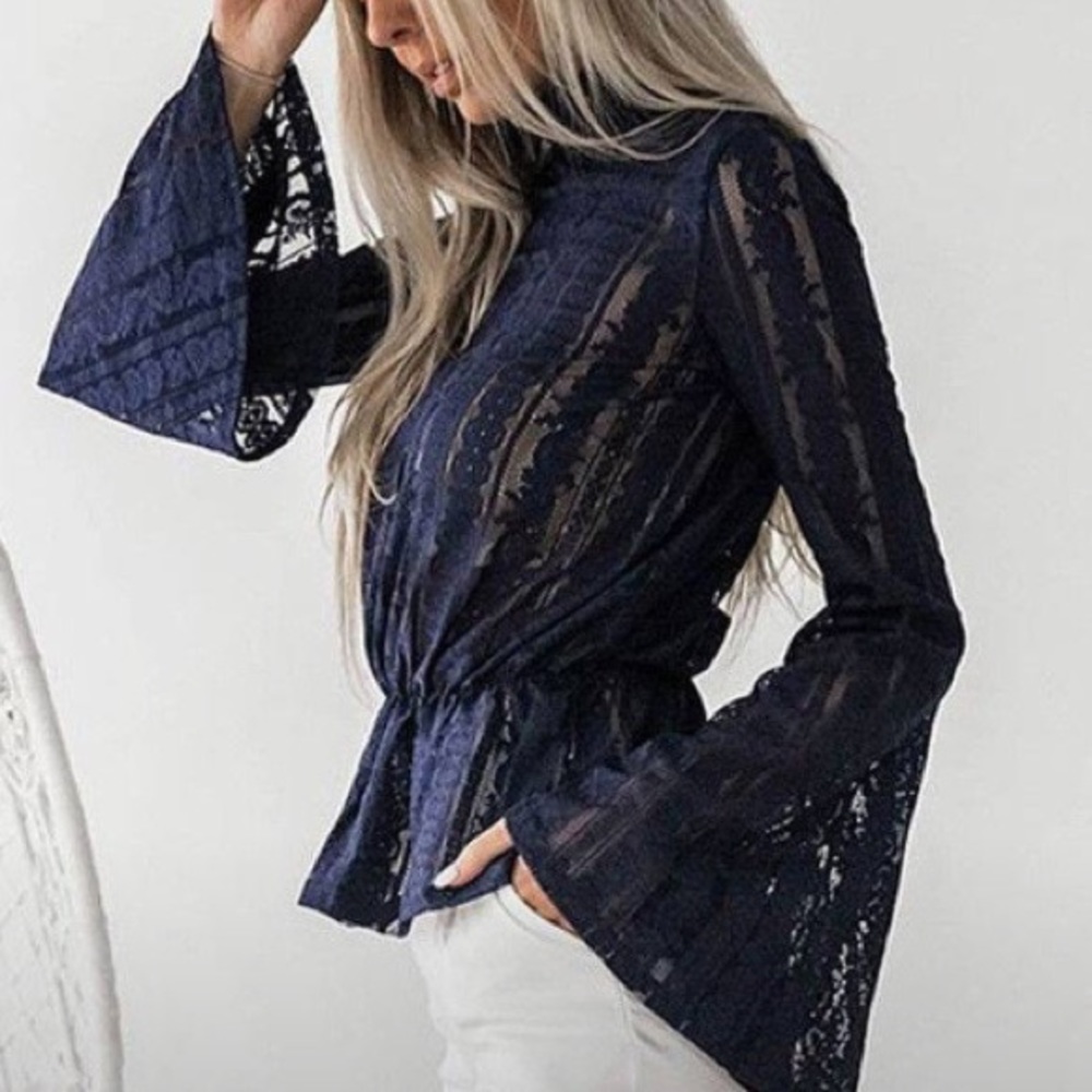 Navy Blue Lace Bell Sleeve Top